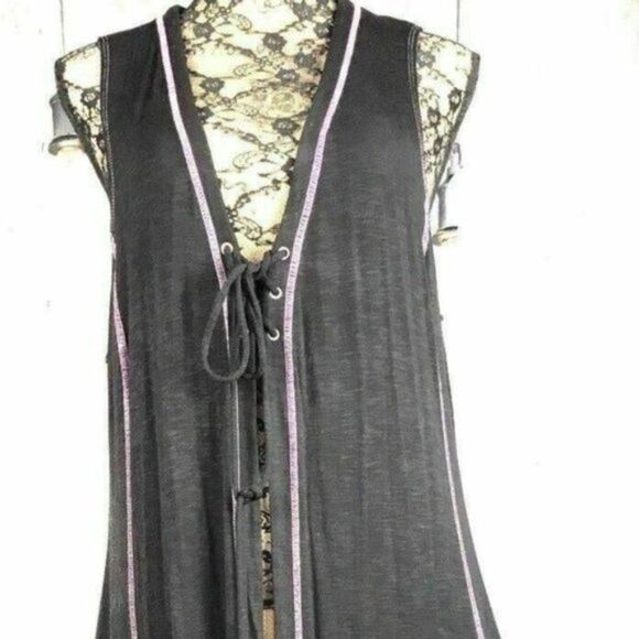 Long Vest Duster Black and Pink Stitching Y - Picture 8 of 11